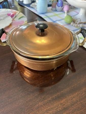 Vintage Copper PYREX 1.5QT Casserole Dish w/Lid – wood & brass handles