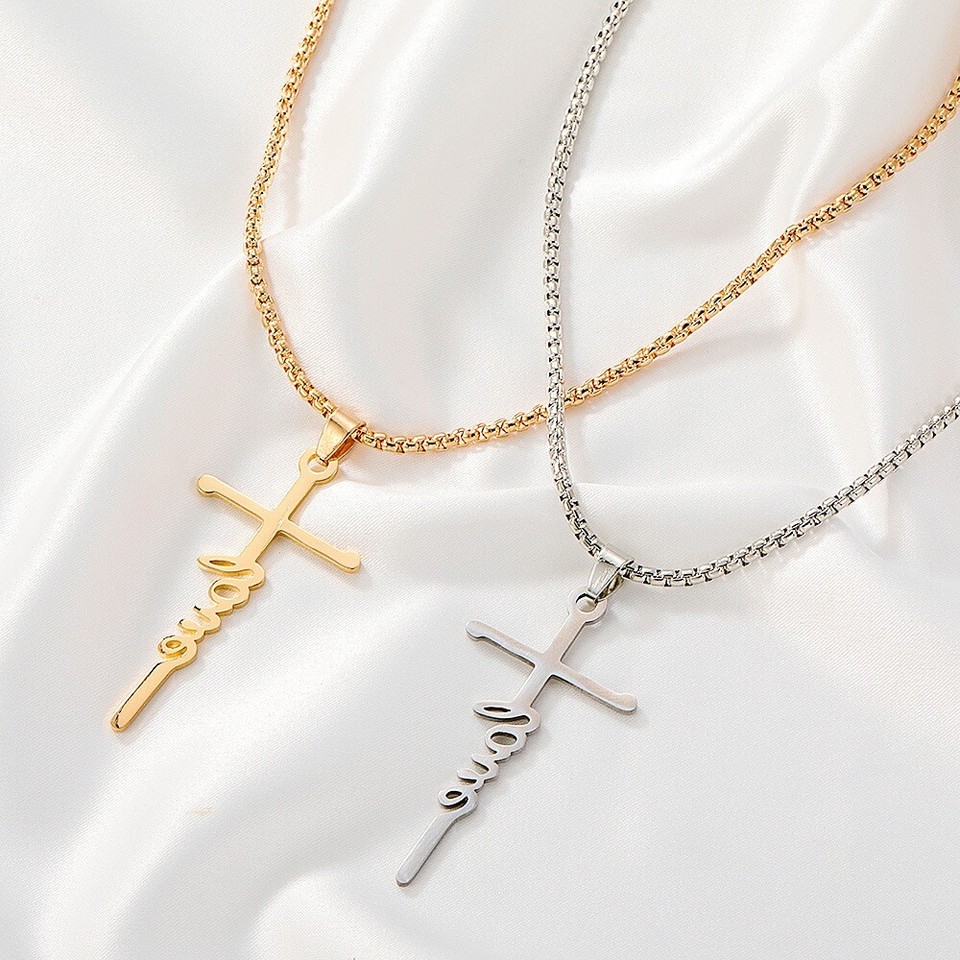 Fashion Women Simple Jesus Cross Necklace LOVE Creative Letters Pendant 2066