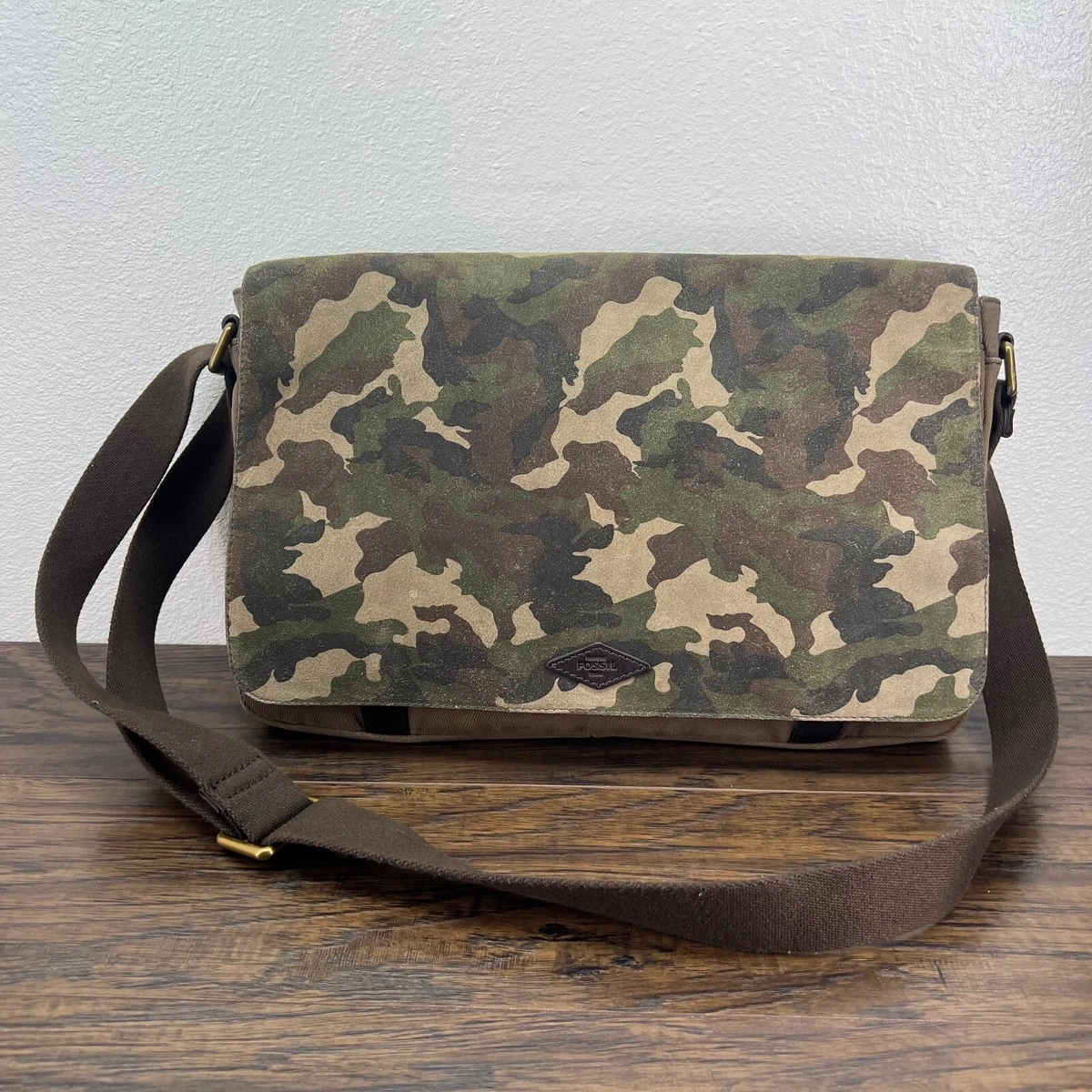 Fossil Mens Bag Laptop Business Travel Aiden Canvas Suede Camo