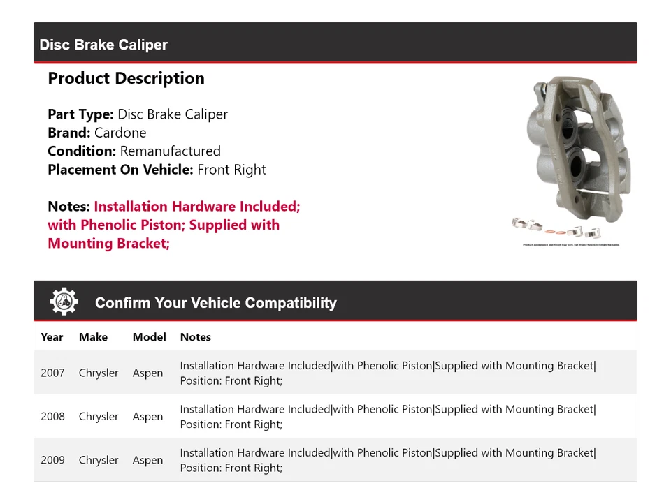 Pinza de freno de disco delantera derecha Cardone 2008 para Chrysler Aspen 2007-2009 Foto 2 de 4