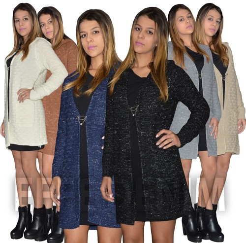 Maxi Cardigan Donna Maglione Pullover Lurex Cappuccio Lana Vestito Maglia  2954 | eBay