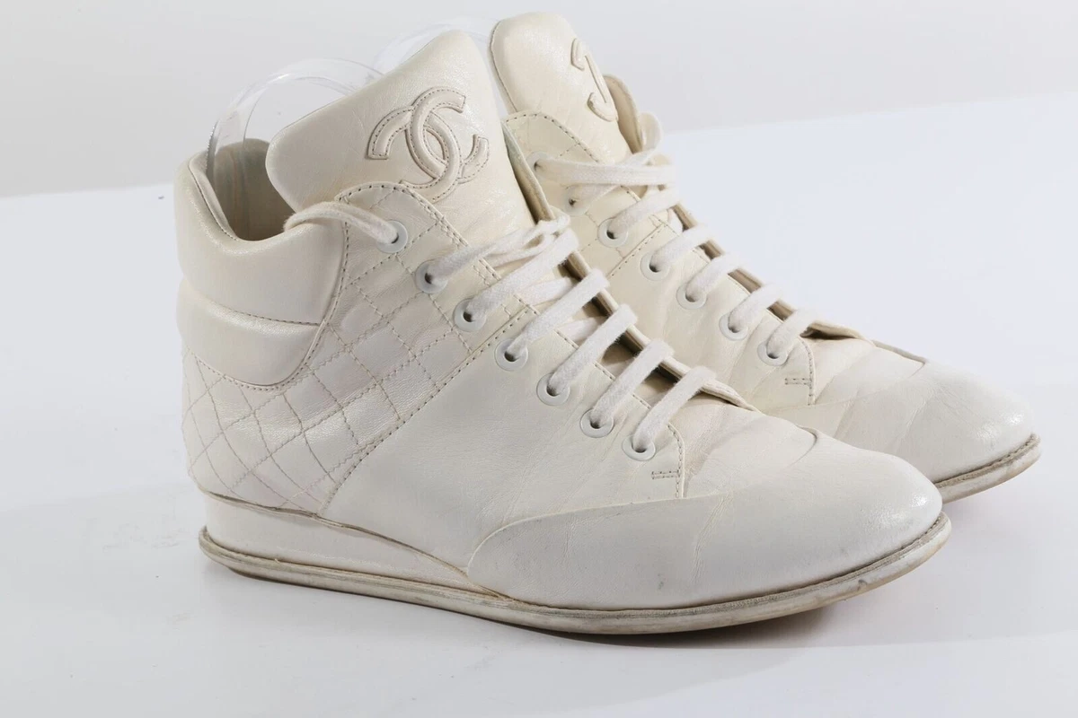 CHANEL CC Logo White Leather High Top Lace up Wedge Sneakers Size 37