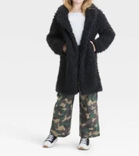 Girls Art Class Black Fuzzy Faux Fur Coat Size L (10/12) Retail $35 NEW!