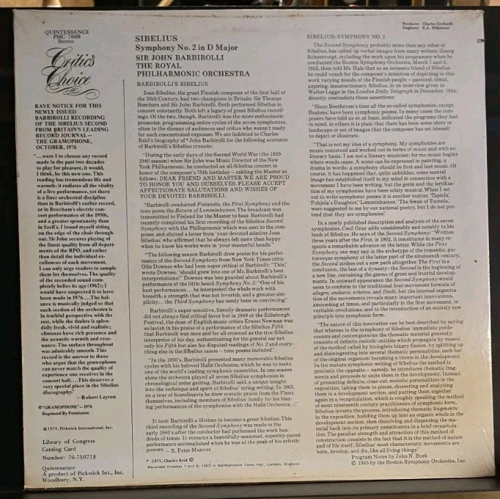 Barbirolli Royal Philharmonic Sibelius Symphony No. 2 in D LP PMC 7008 Sealed!! - Image 2 of 2