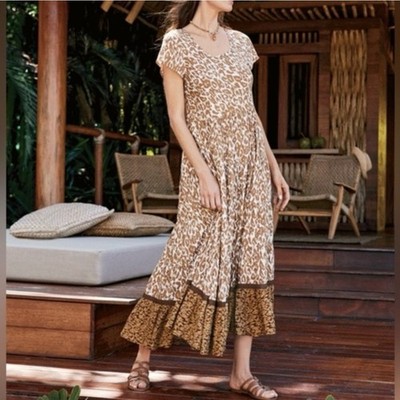 Soft Surroundings Kara Tiered Midi Dress Mocha Leopard 3X 24 NWT Animal Tan