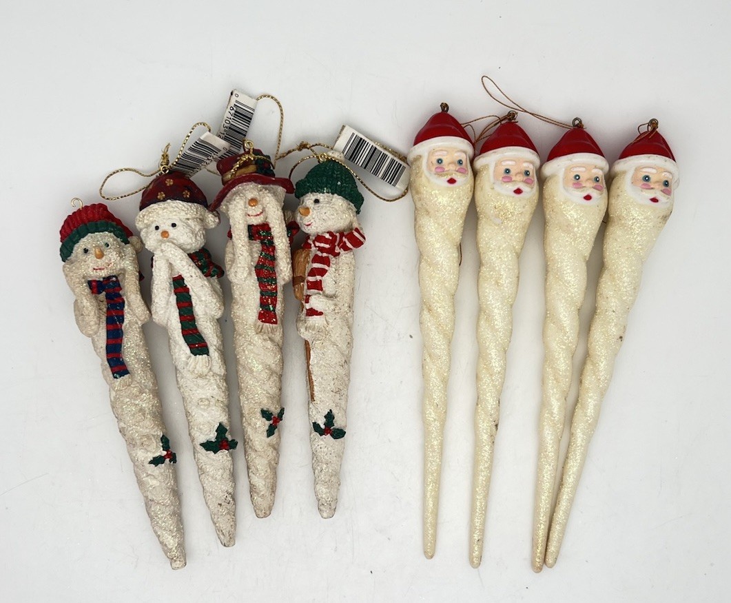 Santa & Snowman Icicle Ornaments Christmas Set Of 8 Resin Or Plastic
