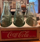 Vintage Coca Cola Carrier with Six Green Glass 6oz Bottles