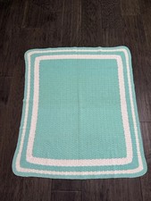 Vintage Hand Made Crochet Knit Teal White Baby Blanket Recieving Nursery