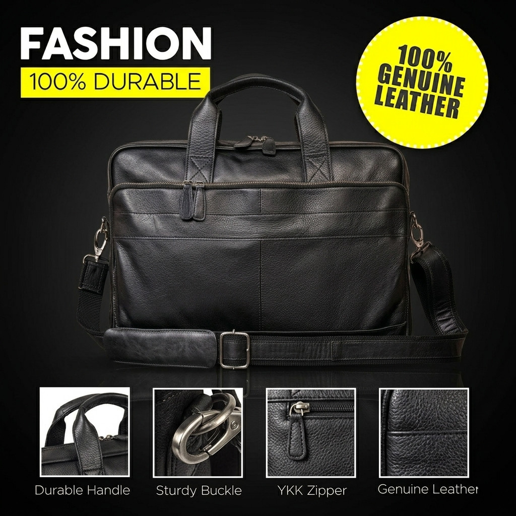 Black Leather briefcase Laptop Messenger Bag for Men and Wom