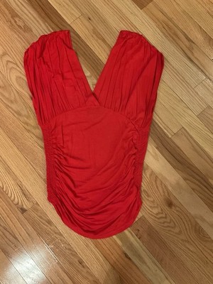 Bebe True Red Draped V-neck Top Ruched Gathered Detail Stretch Women s Blouse M