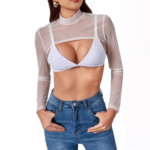 Trendy Women's Ultrathin Long Sleeves Mesh Transparent Crop Tops Blouse Tshirt - Picture 2 of 20