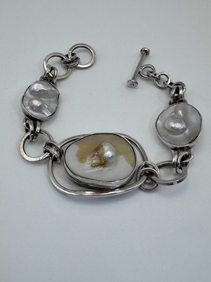 LAPIDARIO BARRERA 950 Silver Blister Baroque Pearl Sculptural Link Bracelet