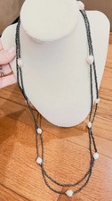 Long Beaded Pearl Strand Necklace Dark Metallic Faceted Beads White Pearls