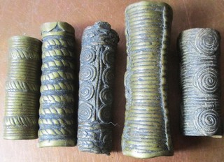 ANTIQUE AFRICAN LOT 5 BRONZE TUBULAR BEADS FOR DREADLOCKS BODY DECORATIONS