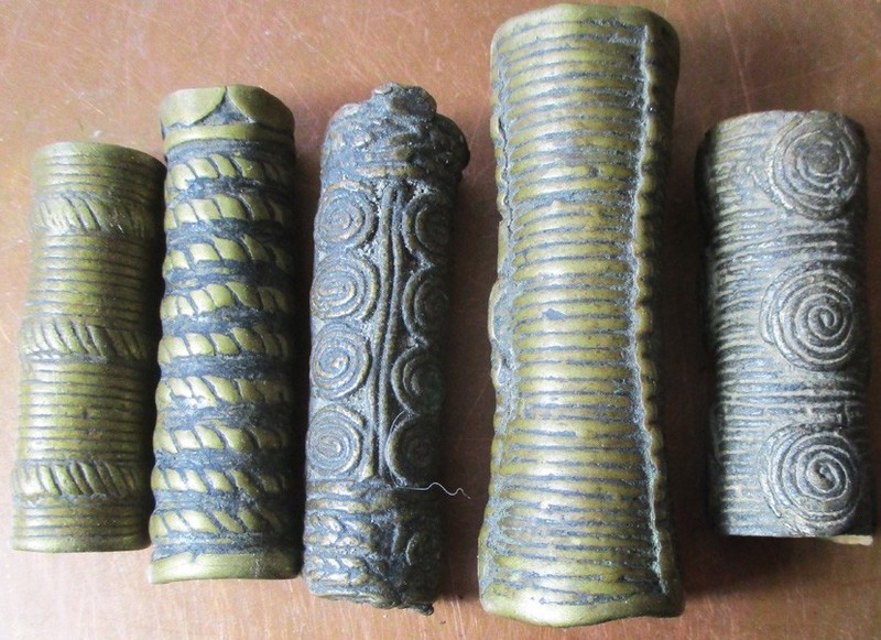 ANTIQUE AFRICAN LOT 5 BRONZE TUBULAR BEADS FOR DREADLOCKS BODY DECORATIONS