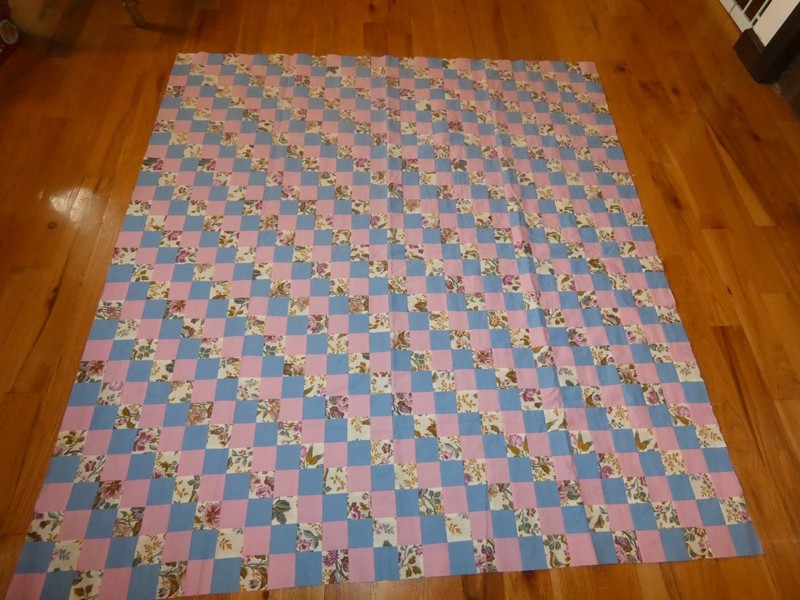 Jacobs Ladder Quilt Top Handmade Pieced Pink & Blue w/ Butterfly Print 54 x 58"