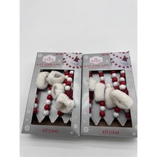 New Holiday Time Wooden Red  White Beaded Garland Christmas 6ft Lot Of 2