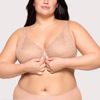 Glamorise 9246 Full Figure Front Close Lace Full Coverage Bra Tan 40B Cappuccino