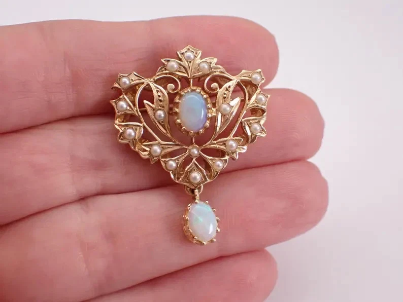 Винтажная овальная брошь на булавке из натурального огненного опала 2,20 карата с покрытием из желтого золота 14 карат - Изображение 4 из 4