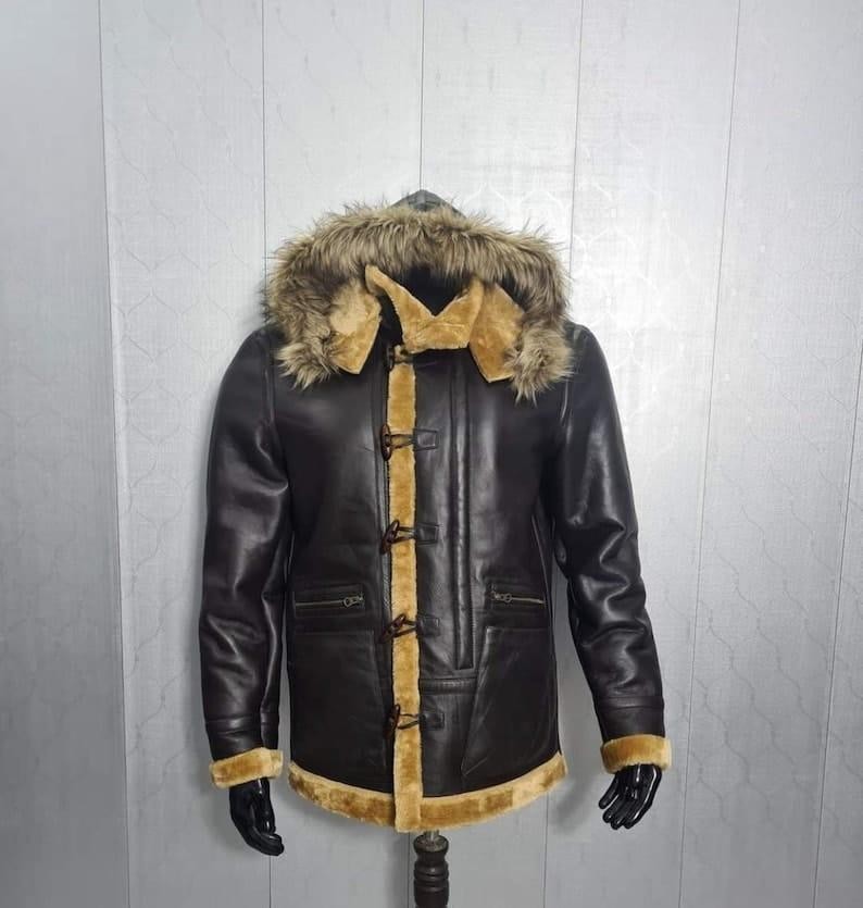 Chaqueta de cuero de oveja para hombre con forro de piel de oveja sintética abrigo de invierno con capucha