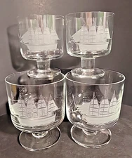 Toscany Etched Footed Crystal Tumbler Whiskey Glass Clipper Ship Nautical Set/4