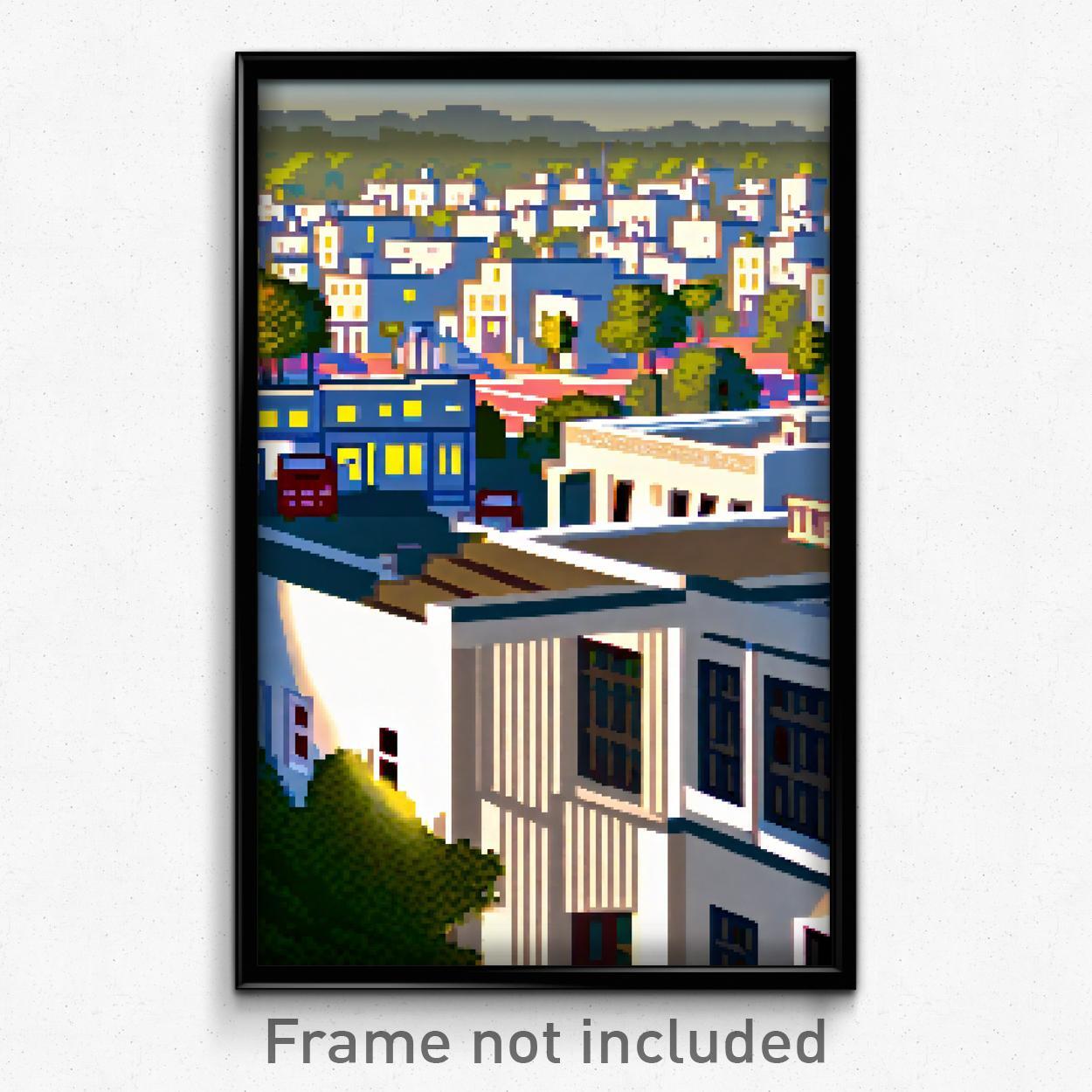 8 Bit Pixel Art Poster - White American Town Psychedelic Video Game Print