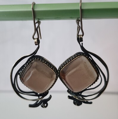 Chic Rare Vintage Soviet USSR Natural Smoke Quartz Rock Crystal Earrings Antique