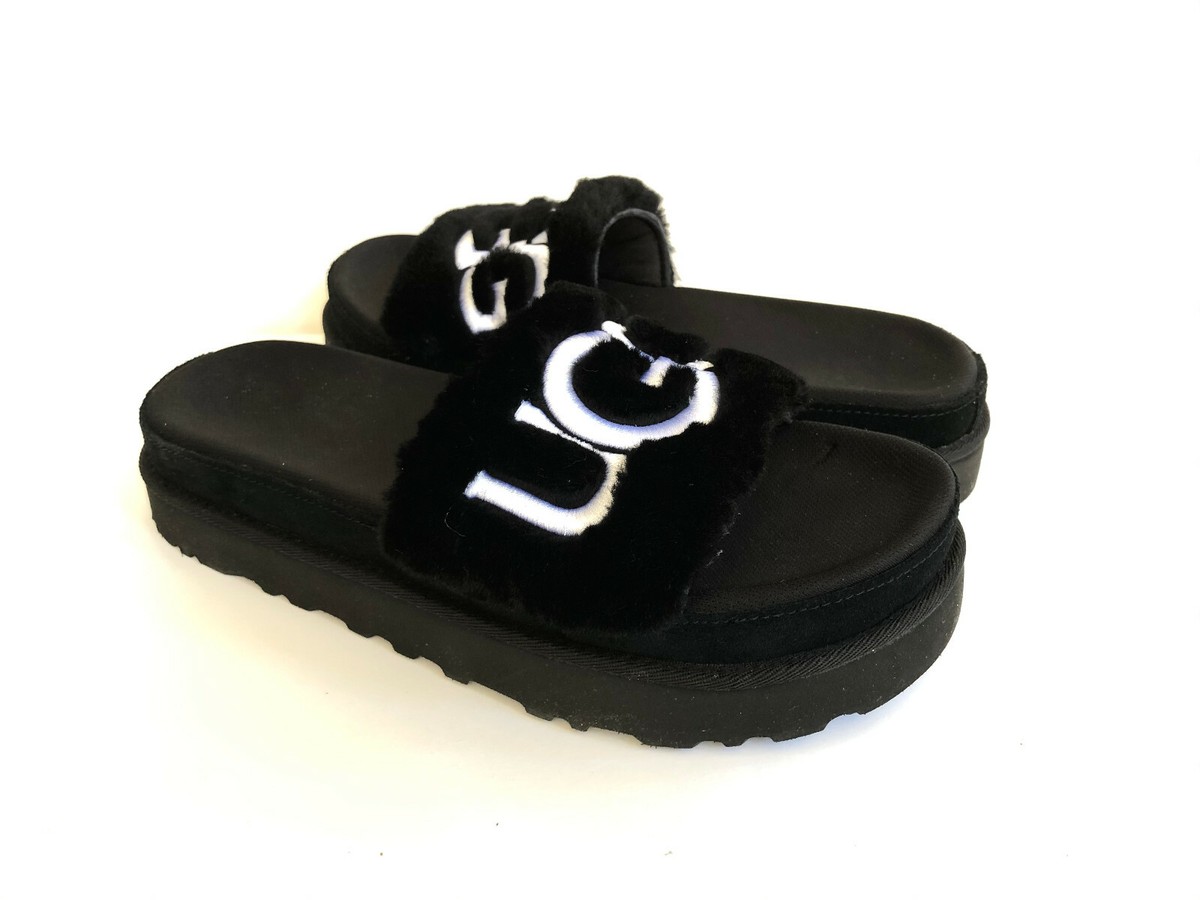 UGG LATON SLIDE BLACK UGG EMBROIDERY LOGO FUR SANDAL US EU 40