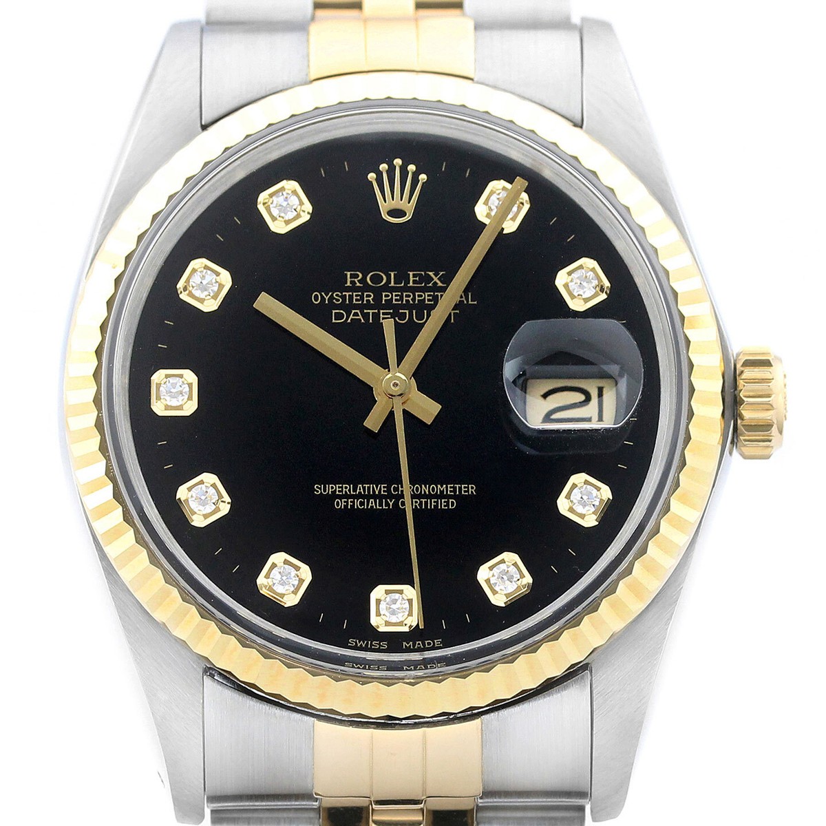 Rolex Mens Datejust 16013 18K Gold Steel Black Diamond Dial Watch