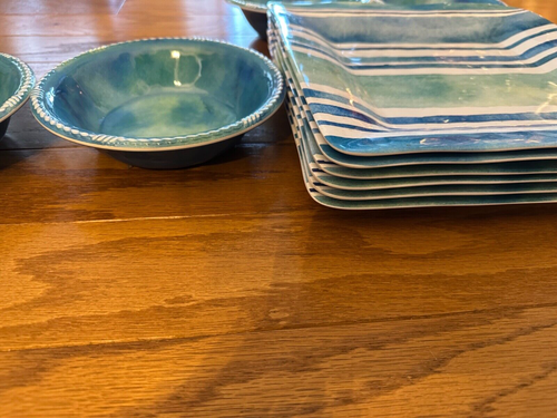 Set of 6+6 Cynthia Coulter Nautical Rope Striped Melamine Square Dinner Set - Picture 4 of 8