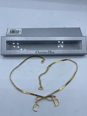 クリスチャンディオール☆BOWネックレス Christian Dior Vintage Bow Choker Necklace Logo CD Charm Gold