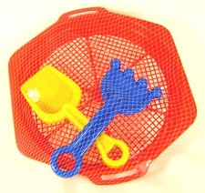SAND TOYS RED SIFTER SHOVEL RAKE Set Of 3 Beach Sandbox Summer Fun Sieve 66319 I