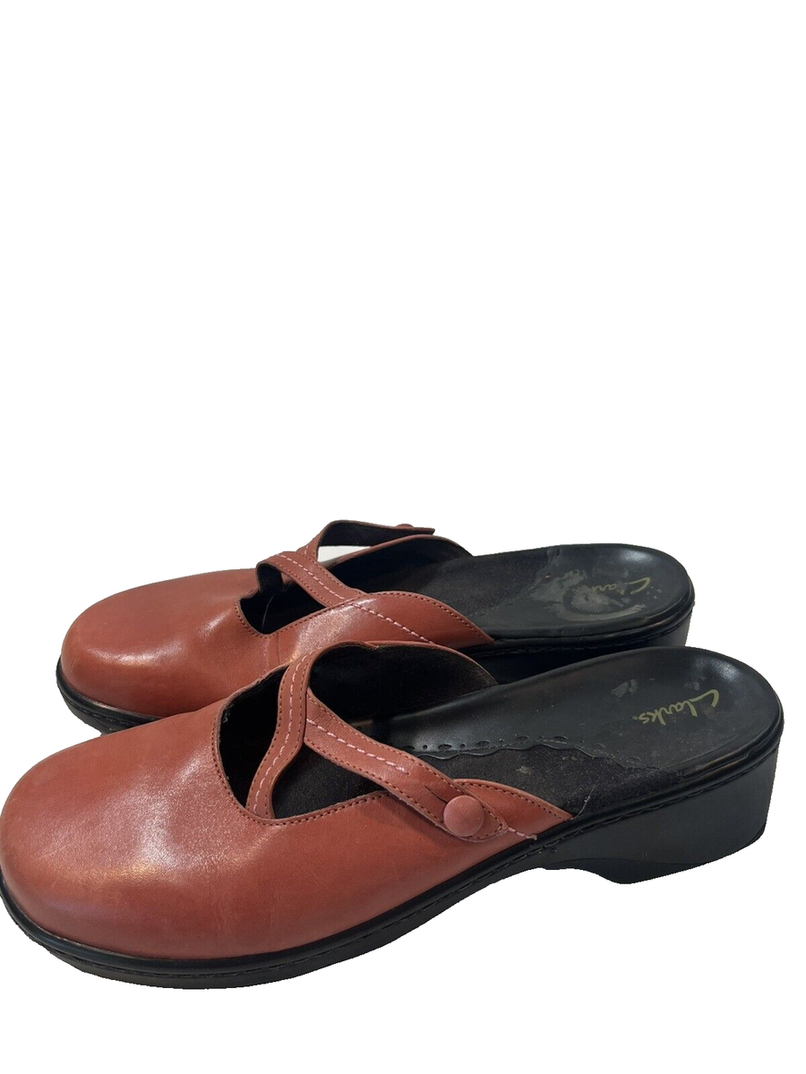 Clarks Womens mauve Leather Heel Clogs Mule Shoes size 11
