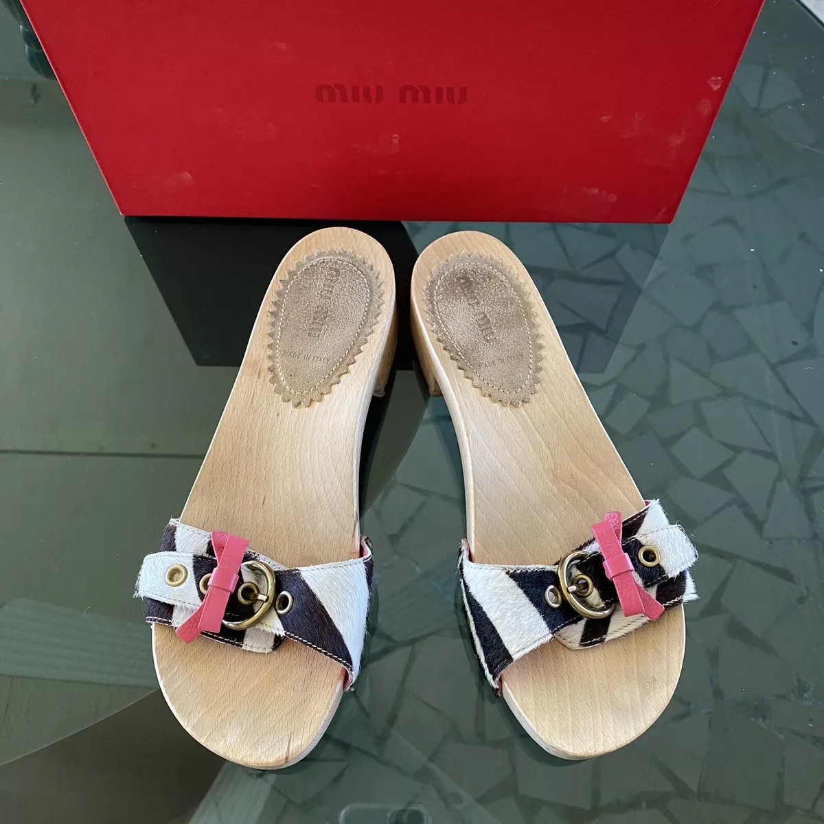 miu miu pony hair zebra wooden clog sandals With Bow