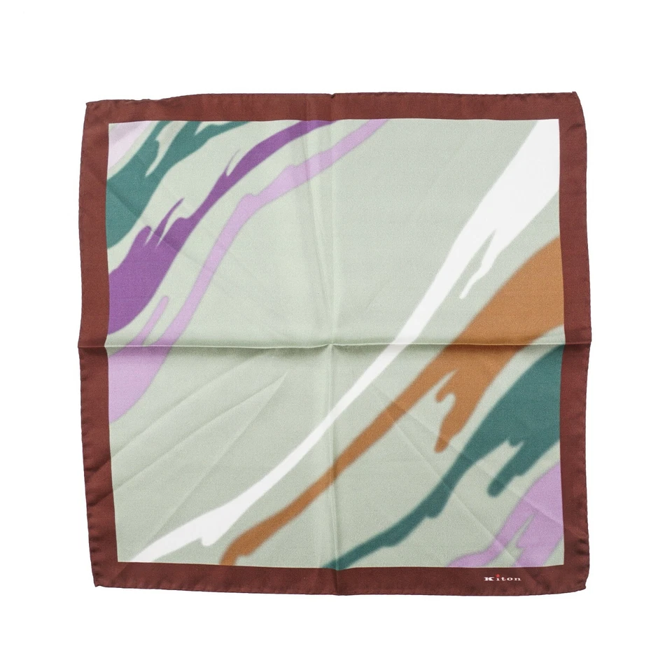 Kiton Napoli Green-Brown-Pink Abstract Watercolor Print Silk Pocket Square - Image 4 of 4
