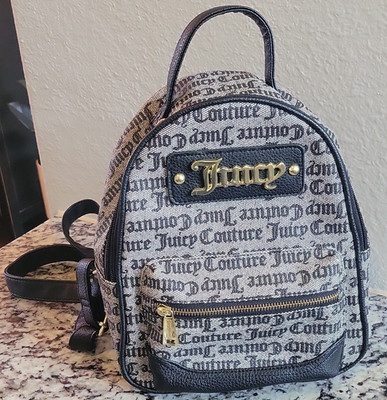 Juicy Couture Logo Print Small Mini Backpack Black Gray Gold Hardware Zip