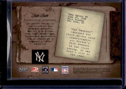 Babe Ruth 2005 Playoff Prime Cuts Biography #70th Home Run Bat Relic - Picture 2 of 2