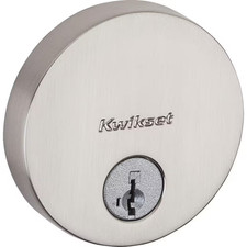 Uptown Low Profile Satin Nickel Single Cylinder round Contemporary Deadbolt Feat