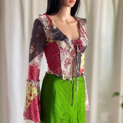 Mesh Patchwork Floral Tie Front Ruffle Bell Sleeve Top Boho Fairycore Festival S