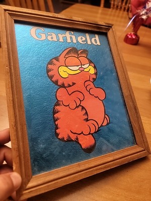 Vintage 1980s Framed Garfield Reflective Blue Foil Art 11''x9''
