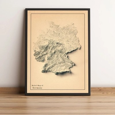 Germany Map, Germany 2D Relief Map, Germany Vintage Map - 2D Flat Print