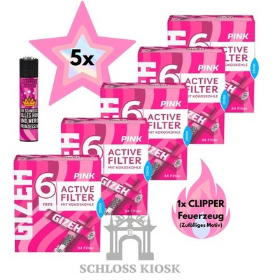 5x Gizeh Active Filter 6mm PINK Aktivkohle Kokos , 34 Stück Pro Box + 1x Clipper