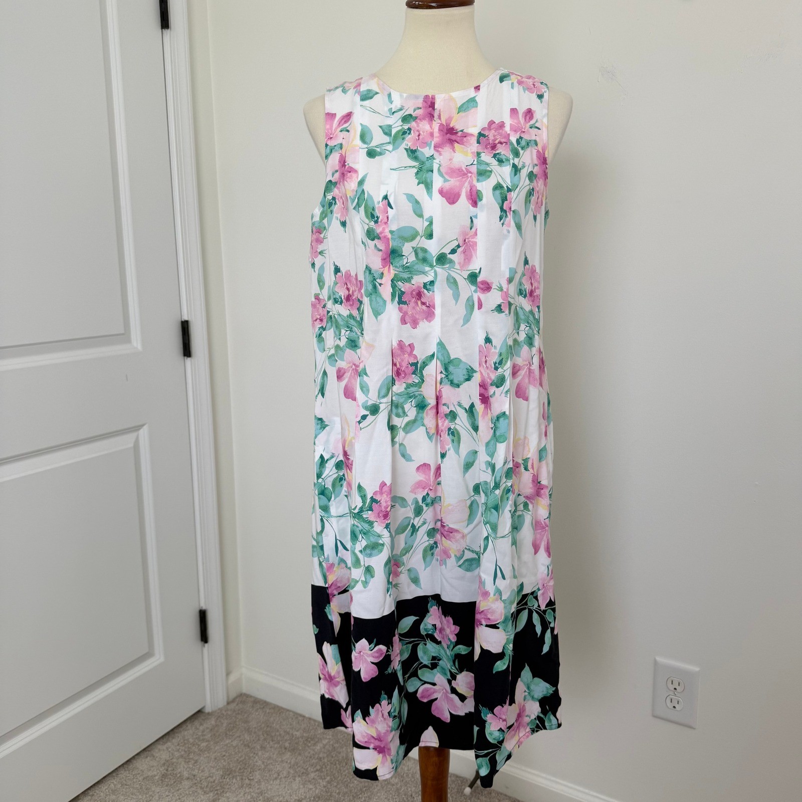 J Jill Floral Print Sleeveless Midi Dress Women M Tall White Pink Green Black