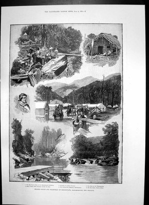 Alter antiker Druck Pelorus Sound Gfields Mahakipawa N Z Vater Damien 1891 19.