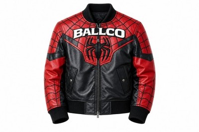 Ultimate Spider-Man leather bomber jacket, red black cosplay, spider logo back