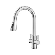 Kitchen Sink Mixer Tap Pull Down Sprayer Dual Lever 360°Swivel 1 Hole Deck Mount