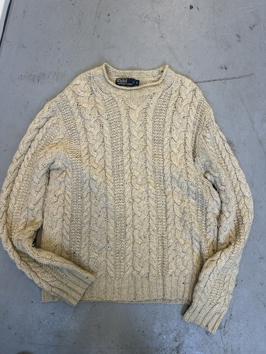 VTG Polo Ralph Lauren Hand Knit Fisherman Cable Sweater Cotton - Large Cream - Image 1