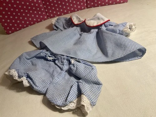 VTG COLECO CANADA/CABBAGE PATCH BLUE, WHITE GINGHAM DRESS, BLOOMERS, LACE TRIM