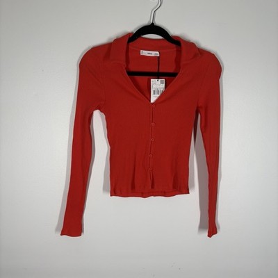 MNG By MANGO Women S Orange Ribbed Long Sleeve Collared Button Up Top NWT