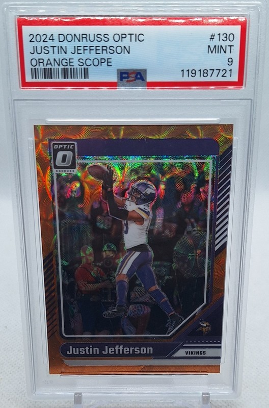 JUSTIN JEFFERSON 2024 DONRUSS OPTIC ORANGE KALEIDOSCOPE #40/79 PSA MINT 9 No.130